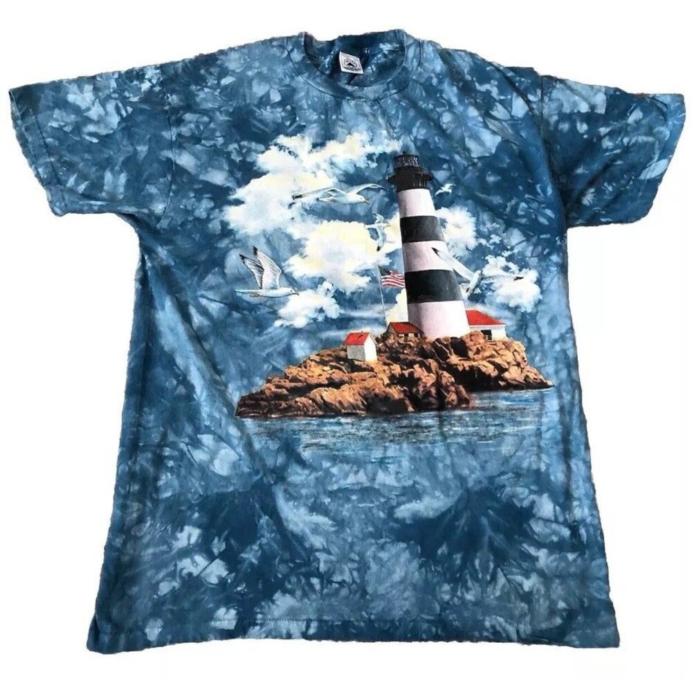 Lighthouse Seagull Ocean Graphic T-Shirt Tie Dye Men’s Medium Blue Heavy Cotton